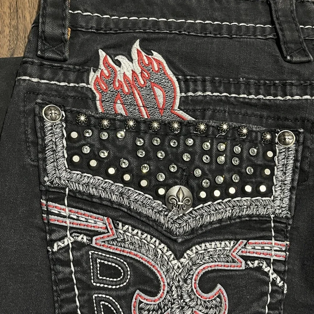 Rock Revival Jeans Mens Black 38x32 Grunge Patchwork Striped Studded Goth Metal